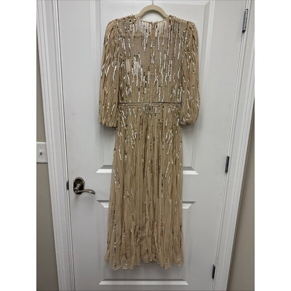 Mac Duggal Size 6 Beige 93889 Beaded Sequin High Neck Midi Cocktail Dress New - Picture 10 of 10